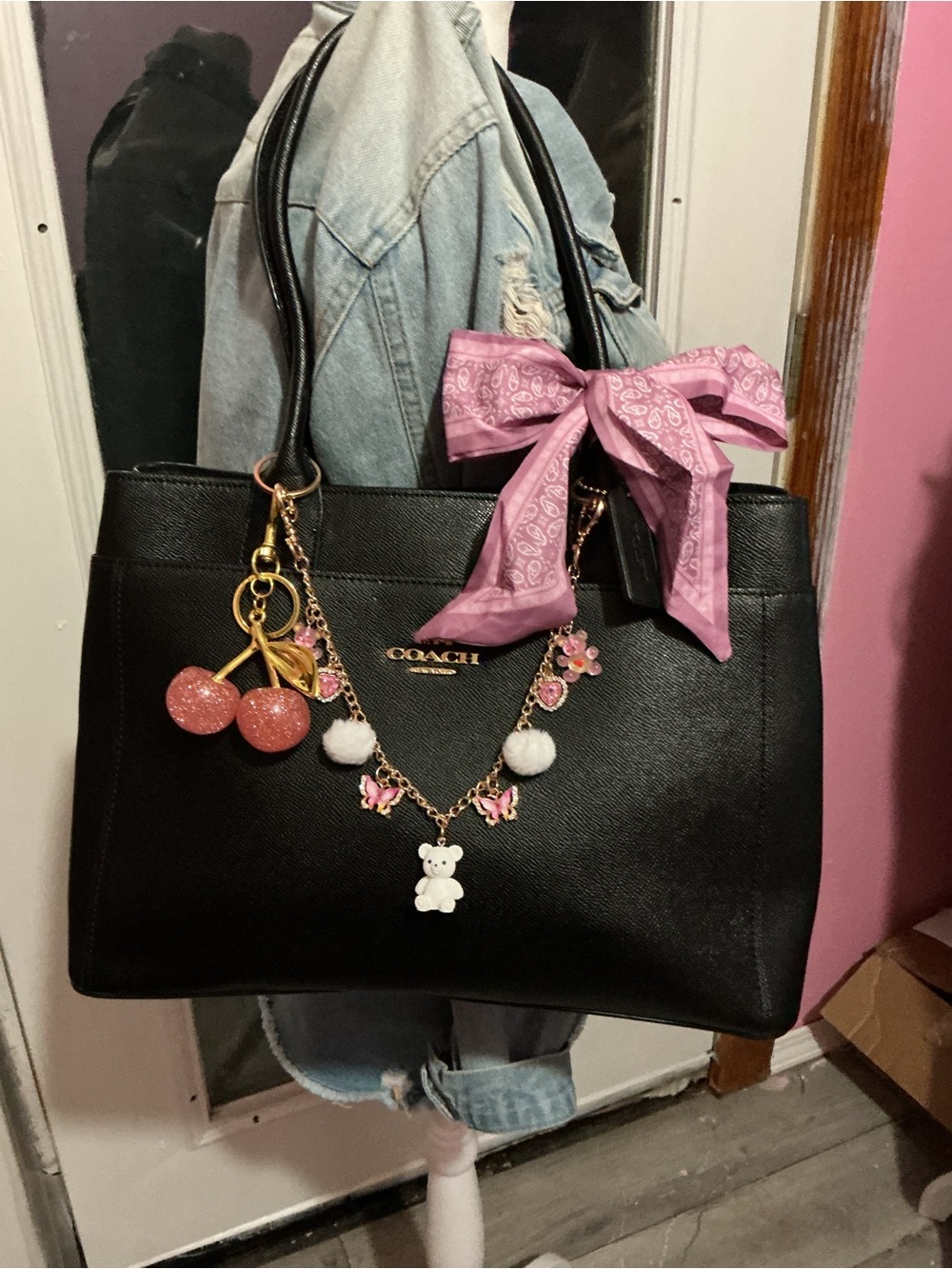 Coach Black Leather Shoulder Tote with Pink Bow and Charm Chain